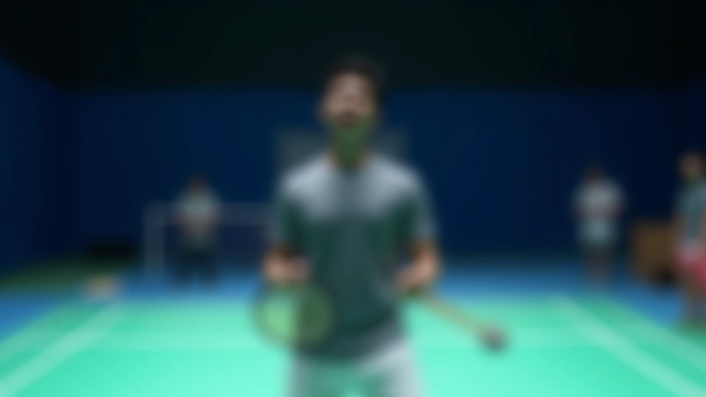 لاعب بادمنتون في وضعية استعداد للضربة، يظهر اللحظة قبل التنفيذ مباشرة، إضاءة احترافية واضحة